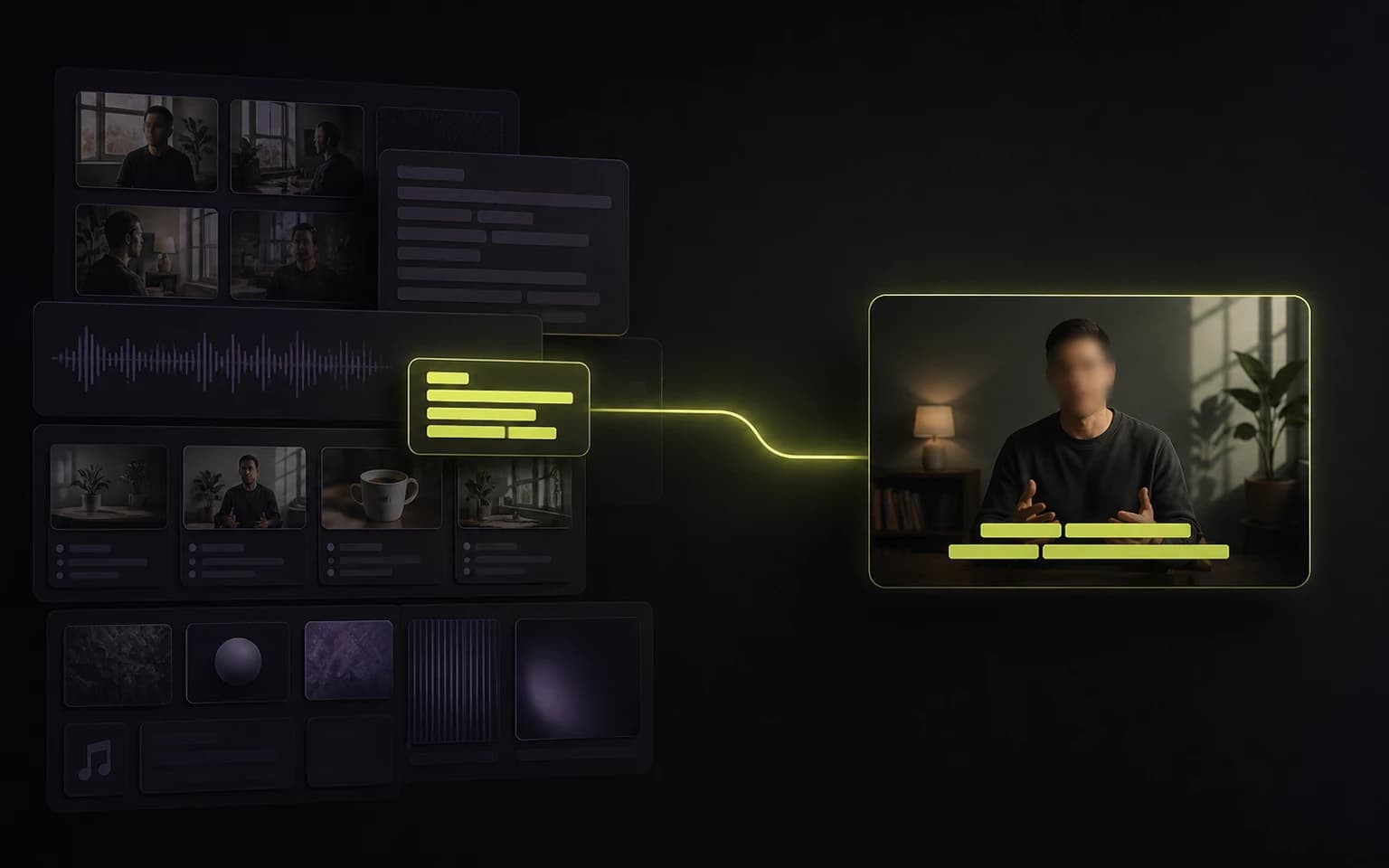 A highlighted caption module leaving a broad video creation workflow and becoming a focused finished-video path