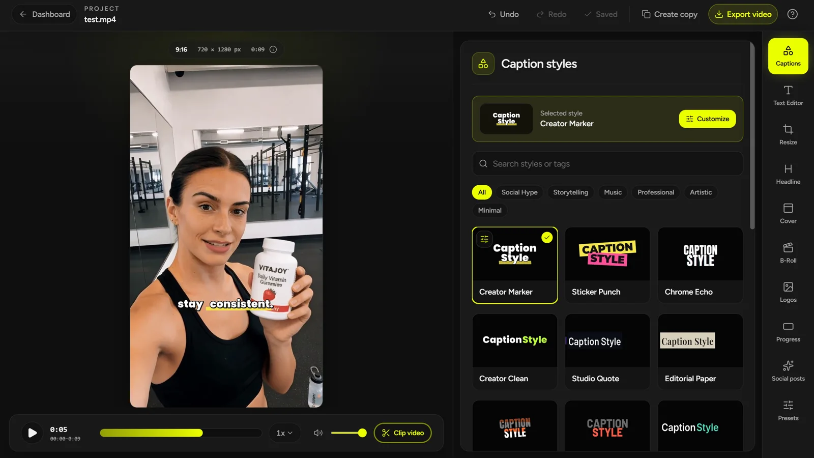CaptionBolt preview showing animated word emphasis on a vertical talking-head video