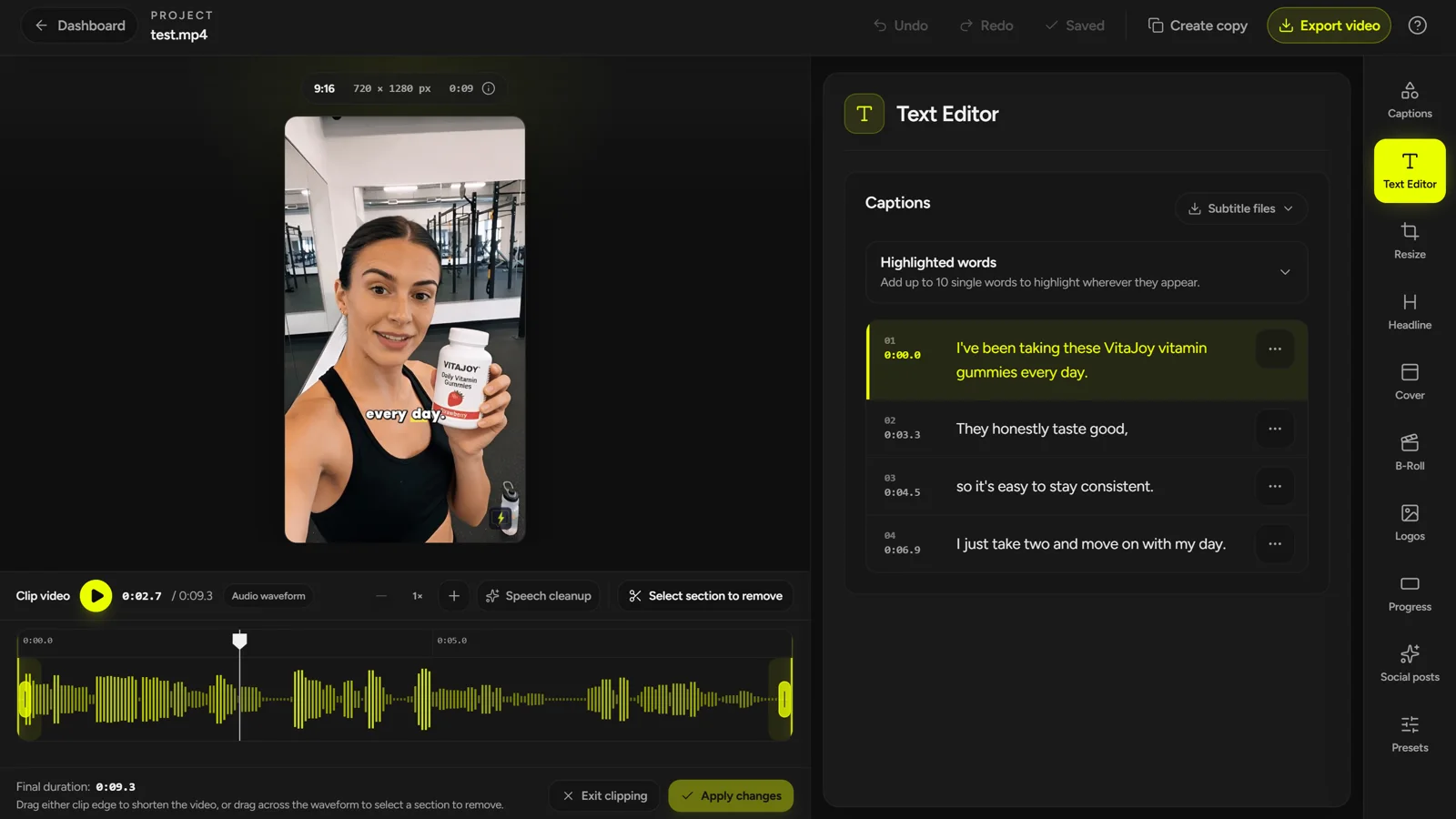 CaptionBolt Edit clip waveform with edge handles, a manual cut, and optional long-pause cleanup
