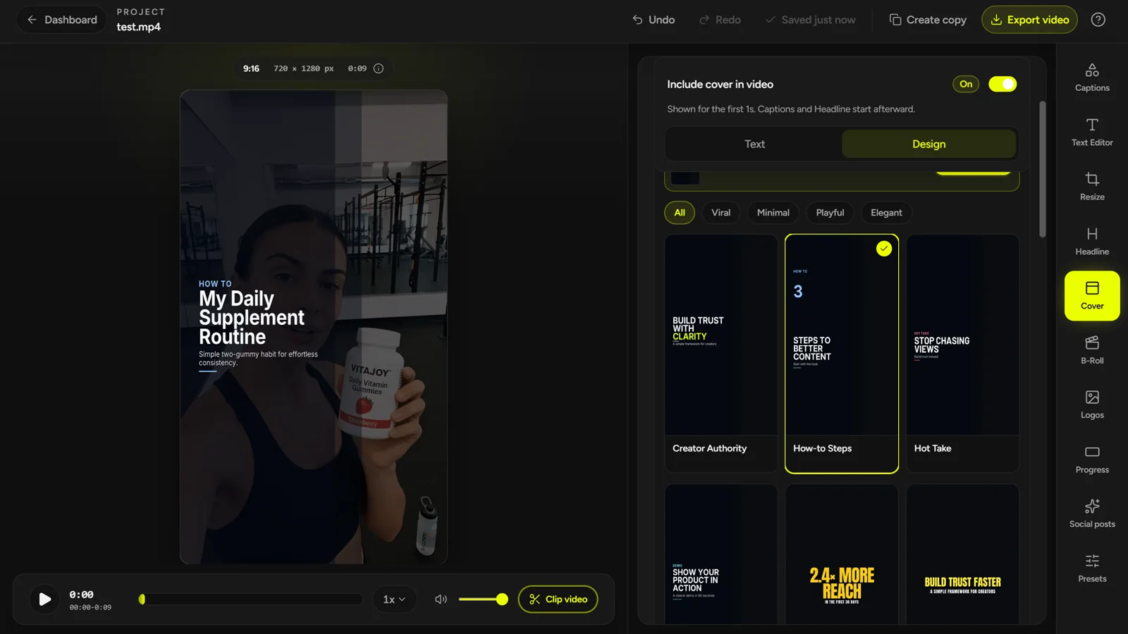 CaptionBolt Cover panel showing customizable opening Cover designs beside the video preview