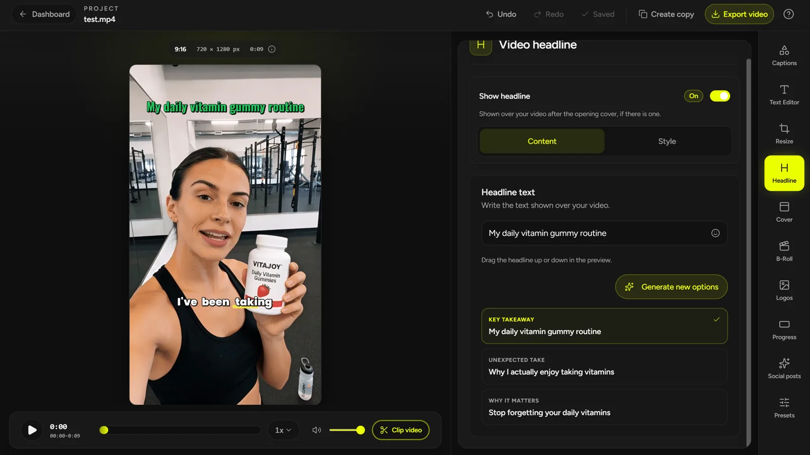 CaptionBolt Headline tool showing the optional on-video Headline field