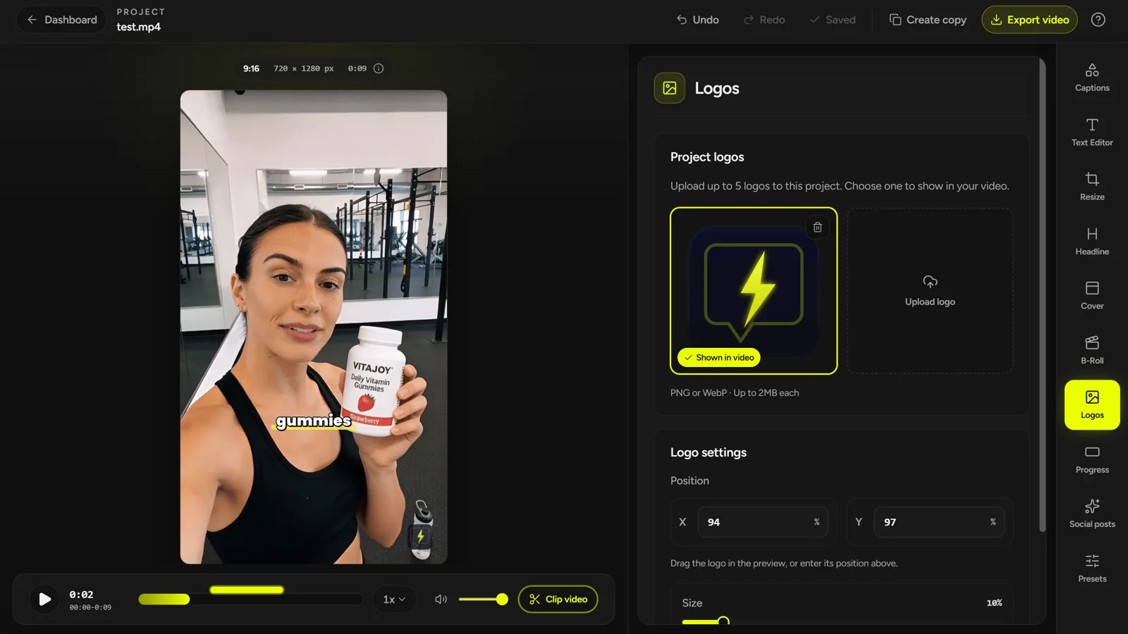 CaptionBolt Logo panel with upload, size, opacity, and placement controls