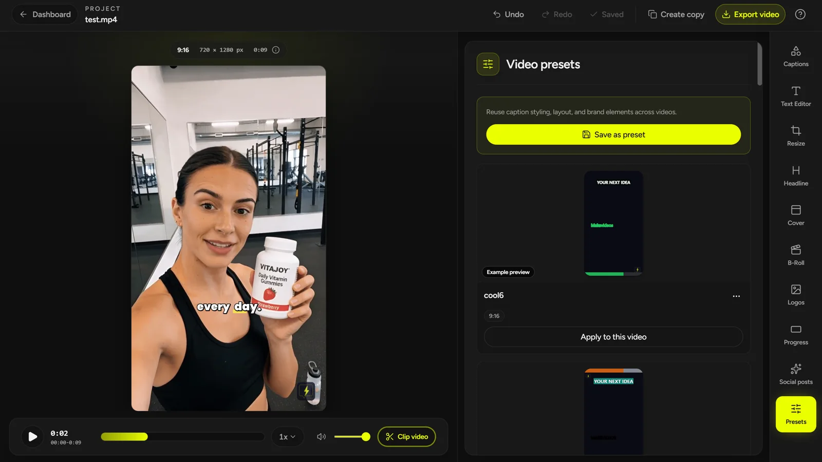 CaptionBolt Video presets panel showing user-saved visual setups and Apply preset actions