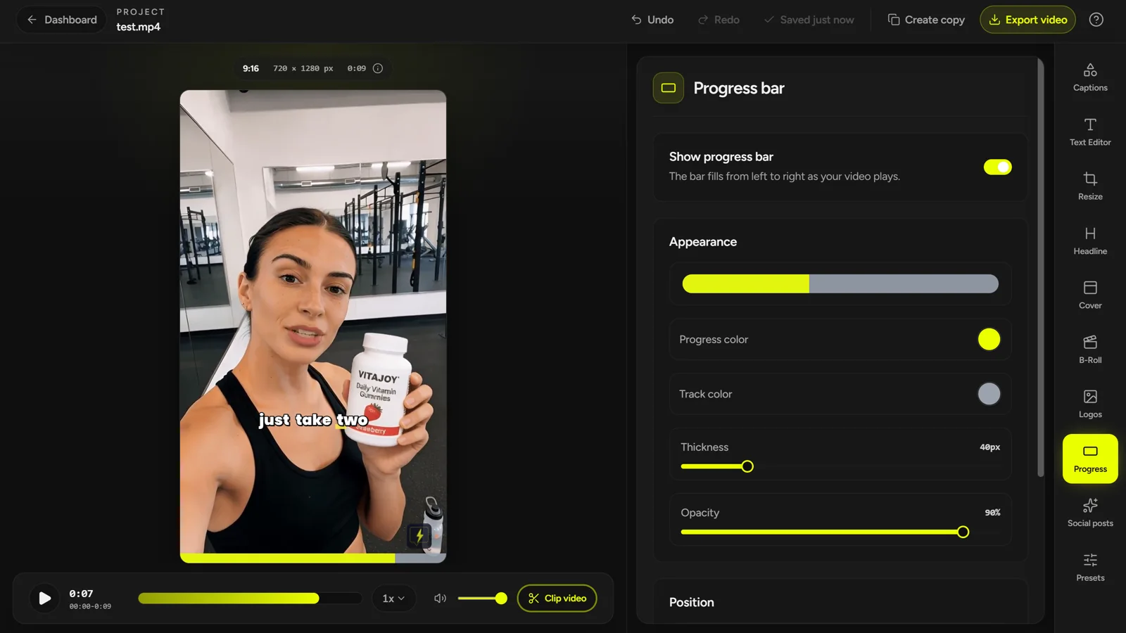 CaptionBolt Progress Bar panel with style, size, opacity, and position controls