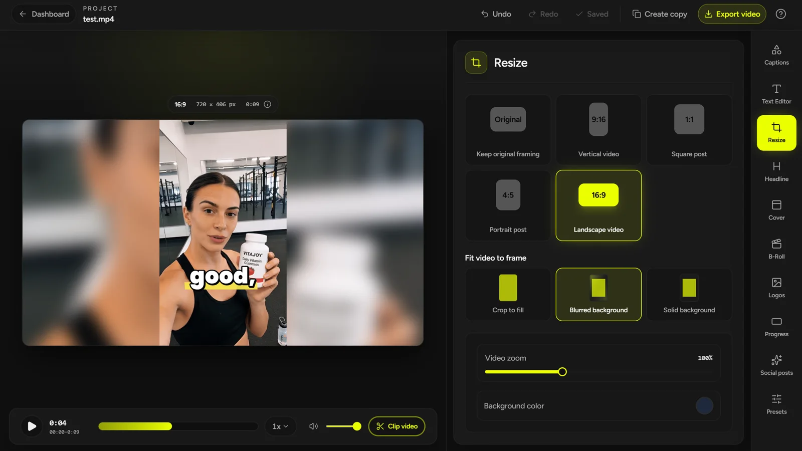 CaptionBolt Resize panel showing a 9:16 talking-head video with a blurred background