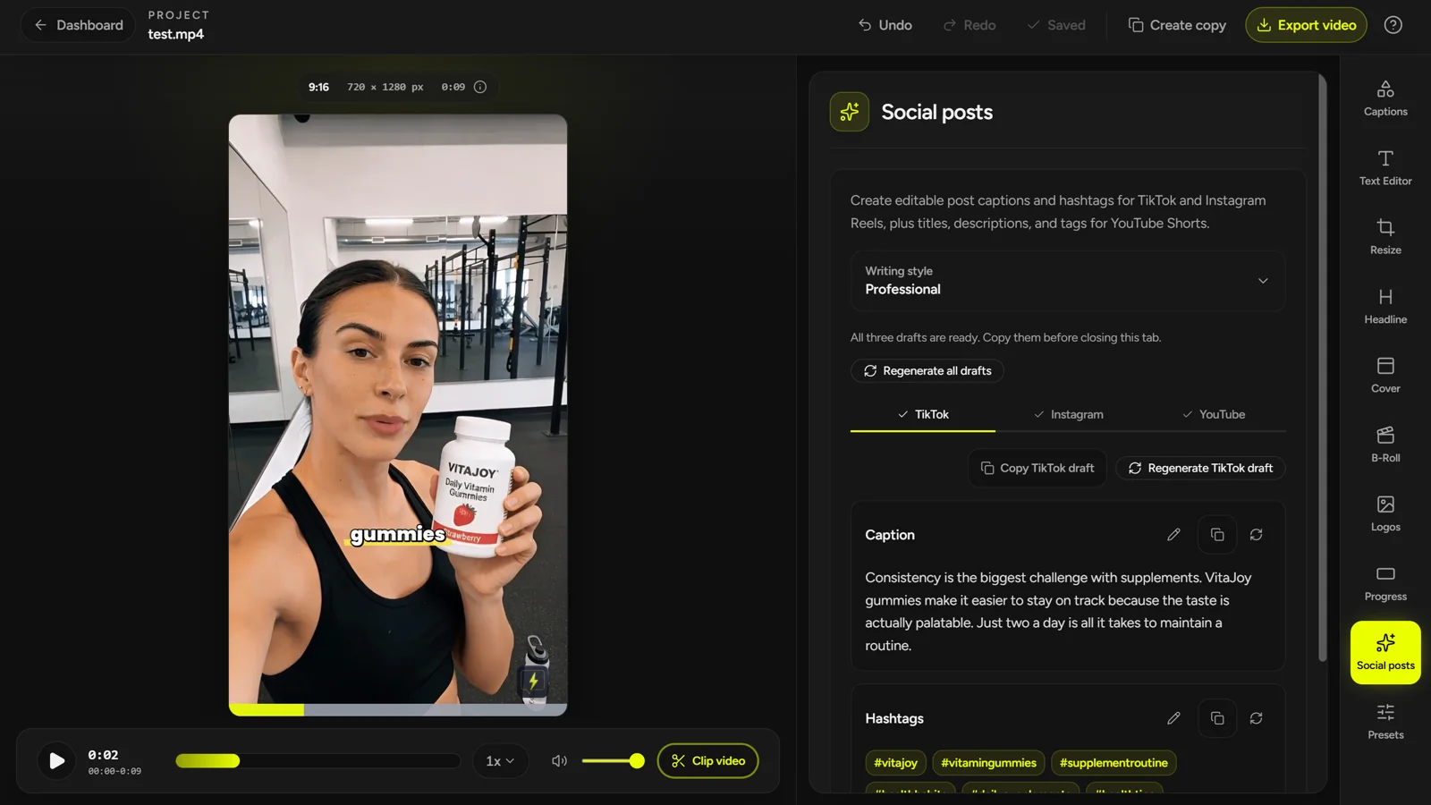 CaptionBolt Social posts workspace showing editable TikTok publishing copy and hashtags