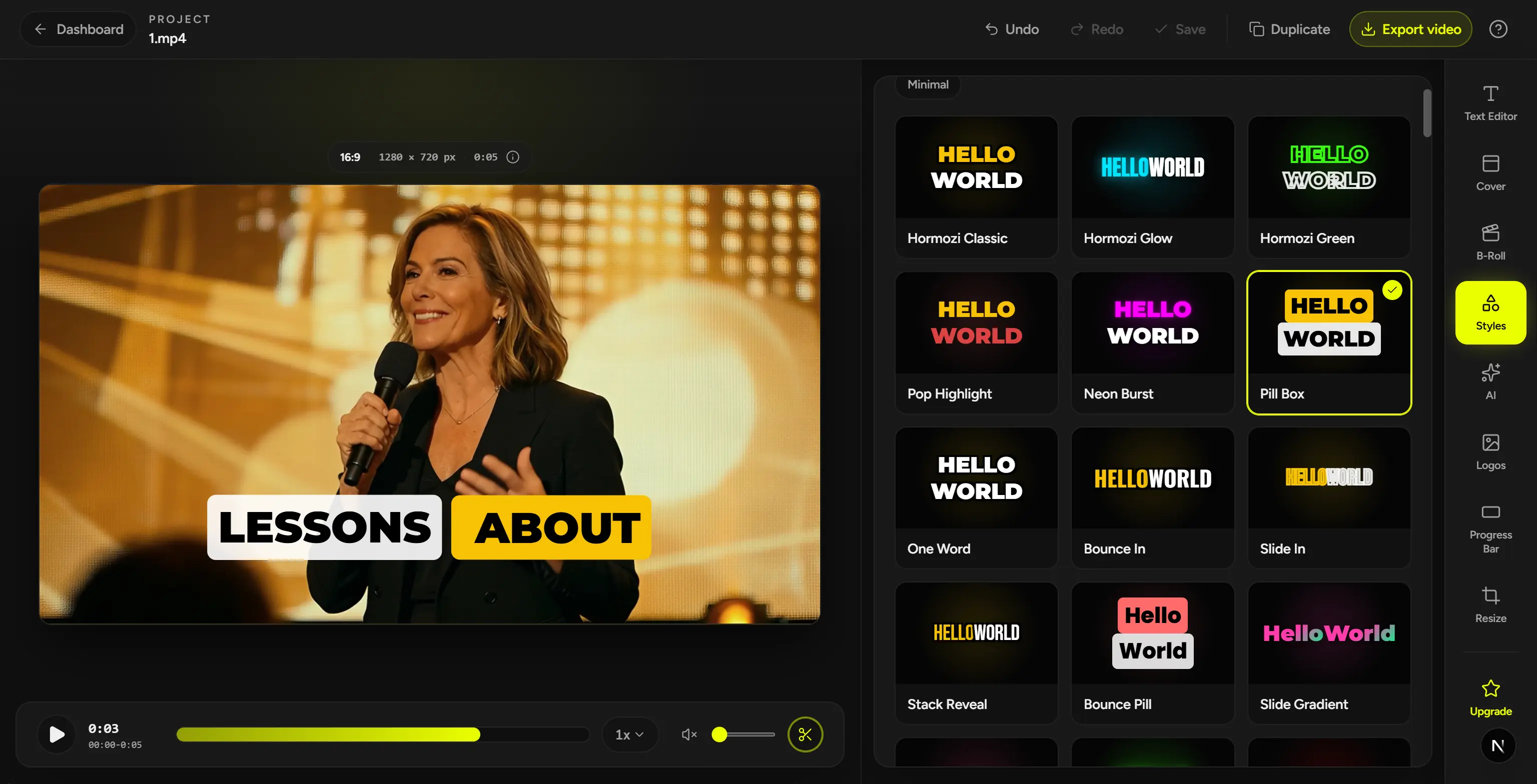 CaptionBolt editor showing a captioned video and caption styles