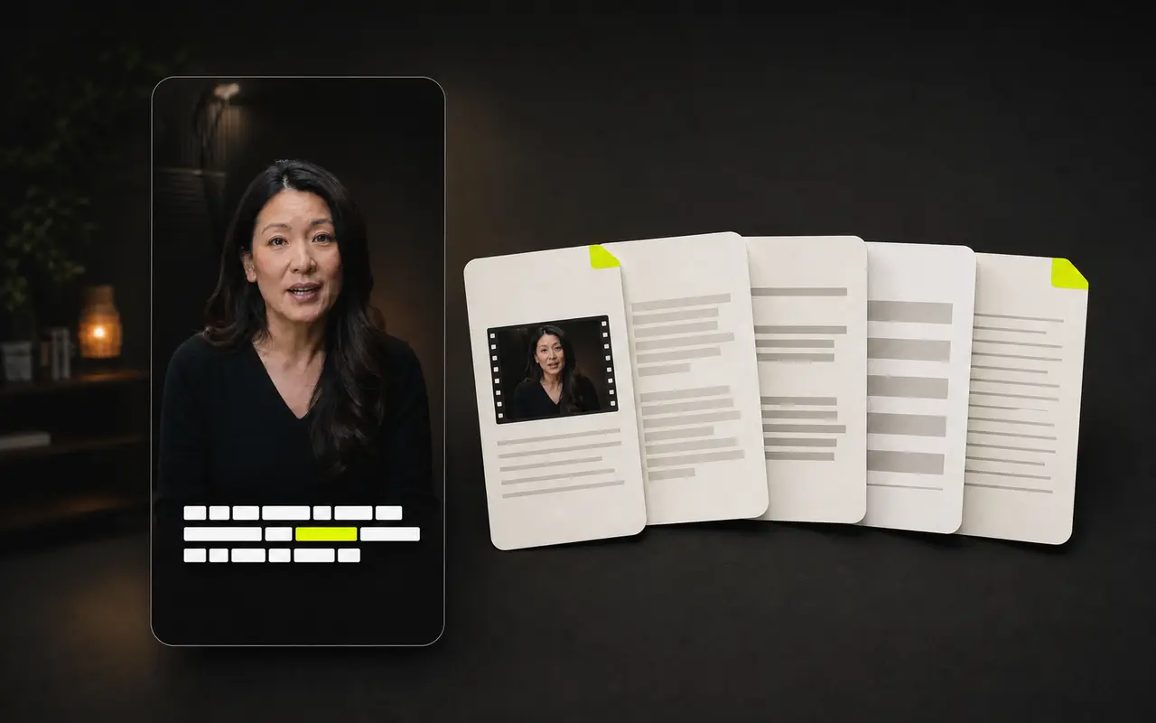 A finished vertical video staged beside organized subtitle and transcript deliverables