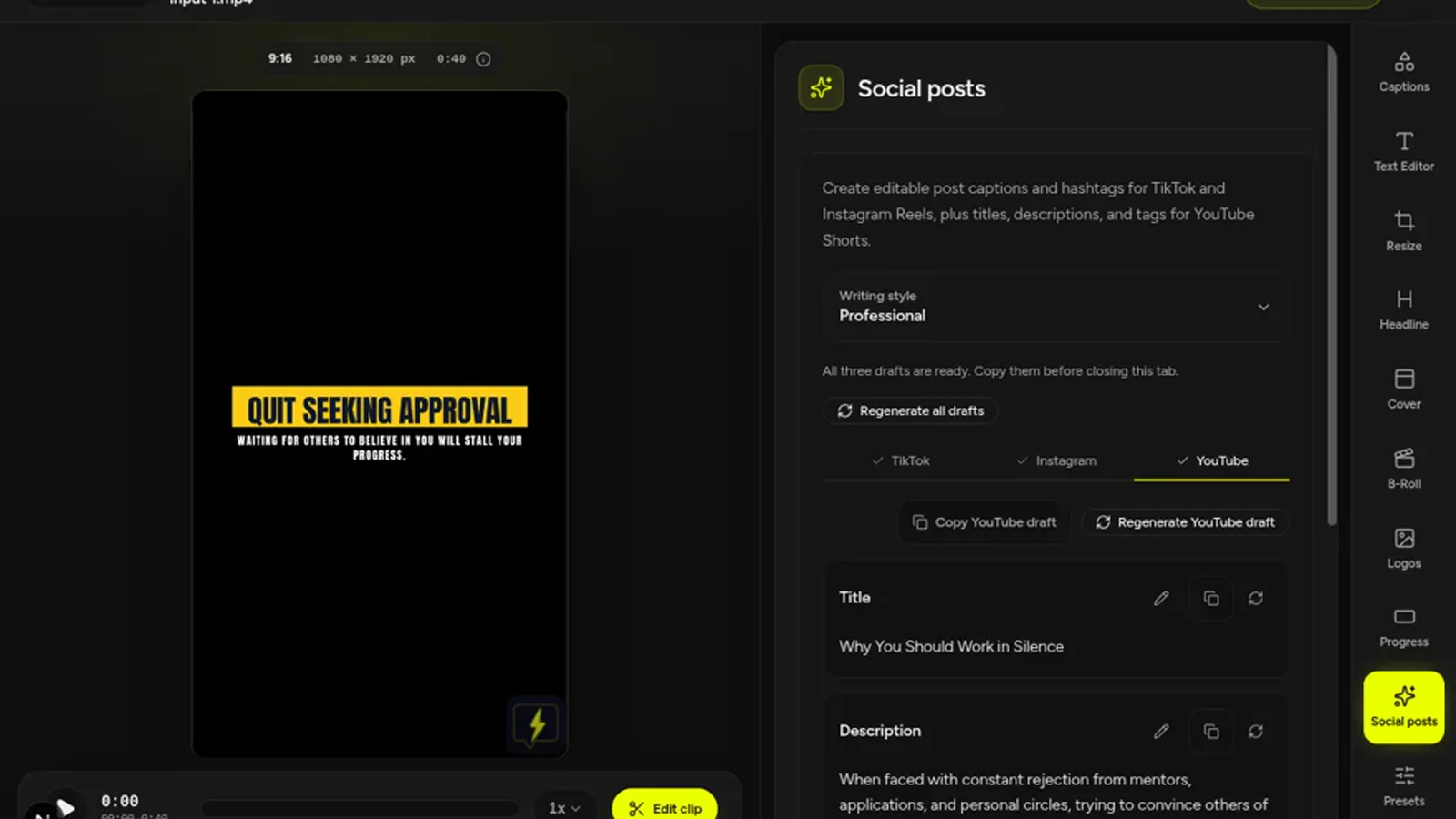 CaptionBolt Social posts workspace showing an editable YouTube Shorts title, description, and tags