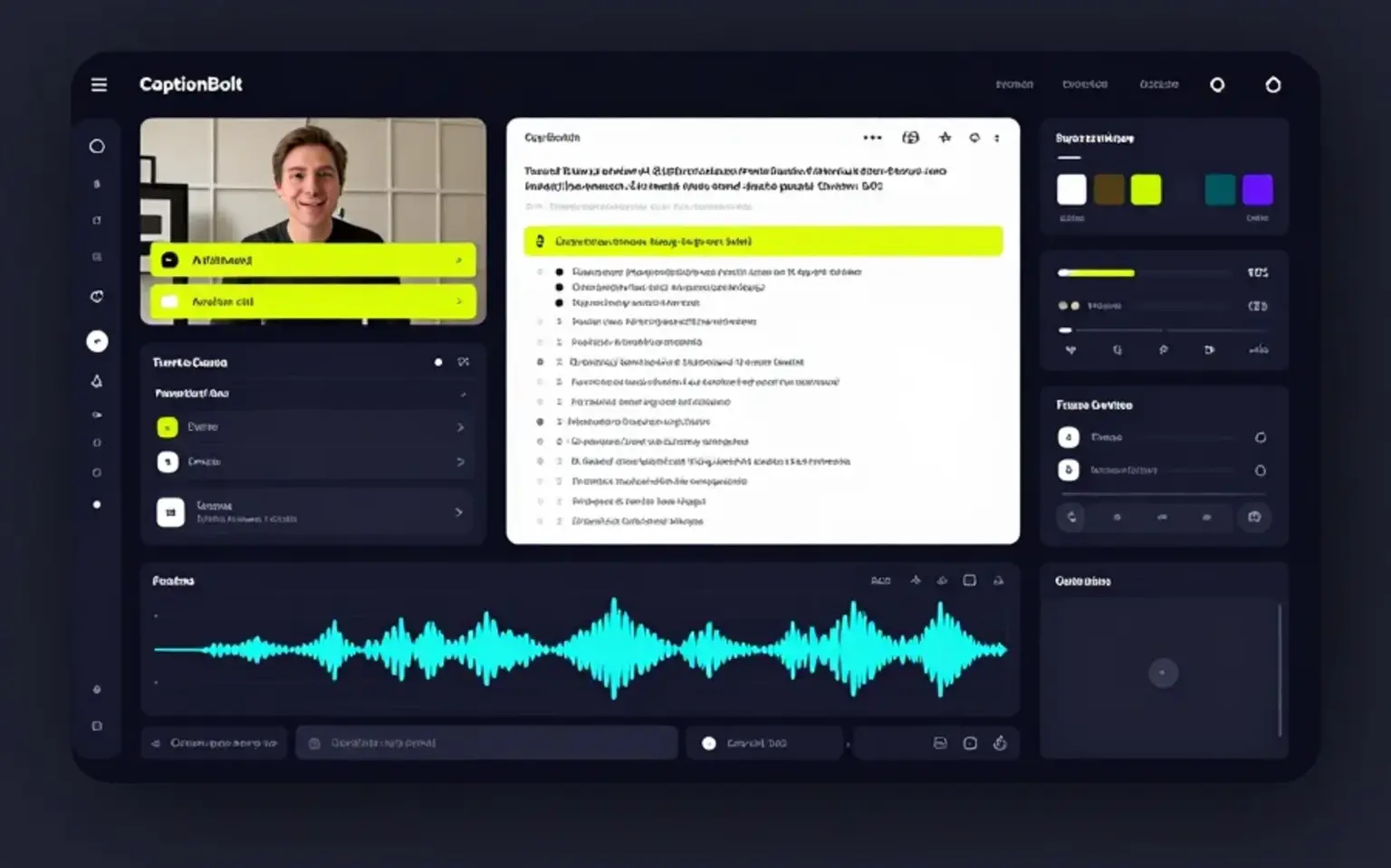 CaptionBolt workflow showing video subtitles, transcript editing, caption styles, and export panels