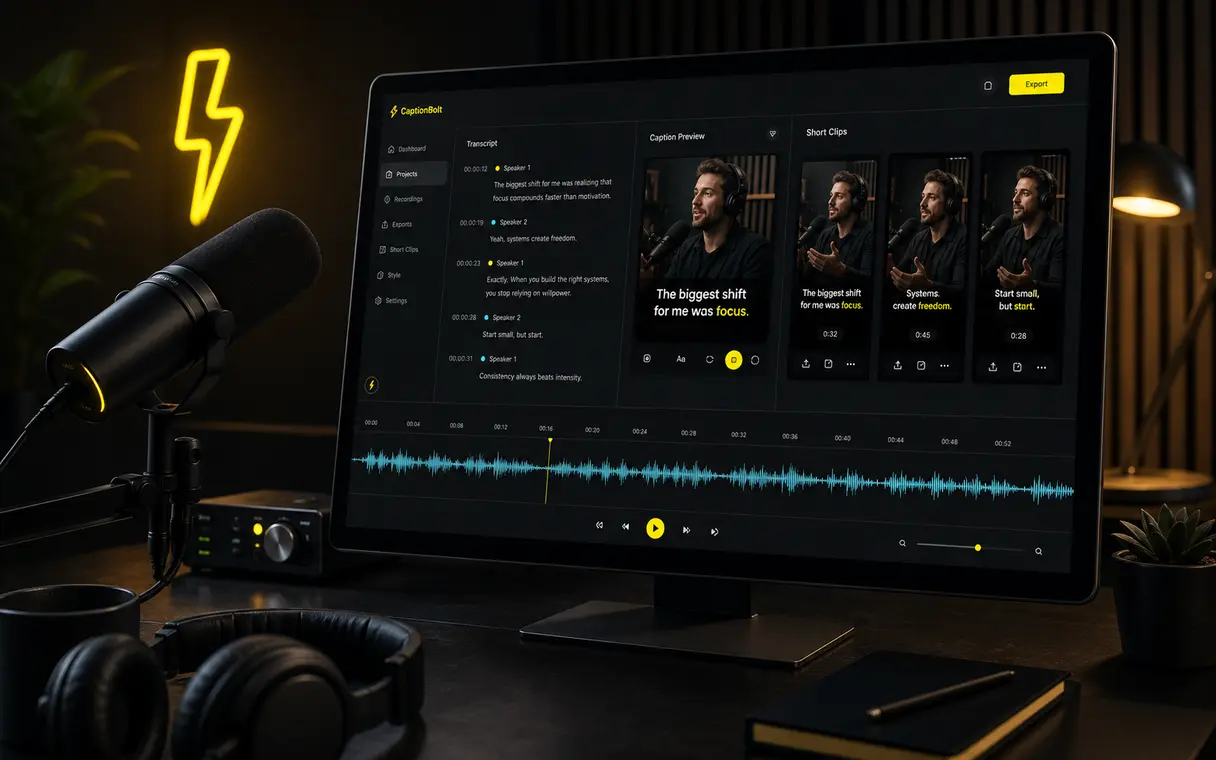 CaptionBolt podcast transcription workflow preview